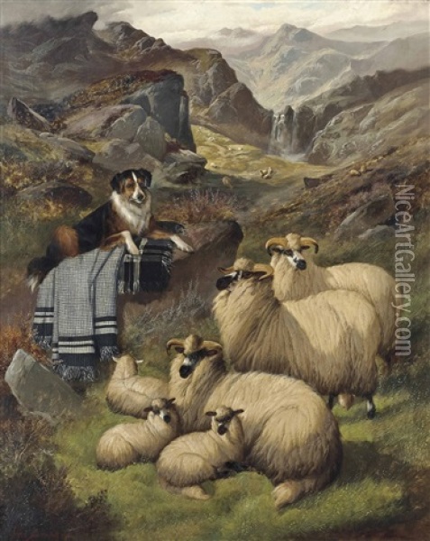 Guarding The Sheep Oil Painting - John Barker