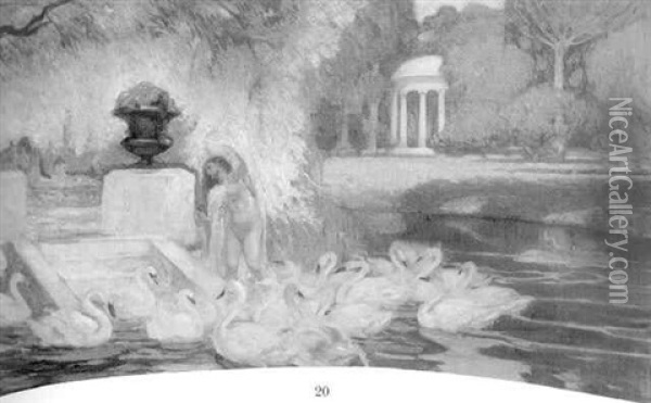 A Naked Woman Bathing With Swans, A Classical Temple Beyond Oil Painting - Rupert Bunny