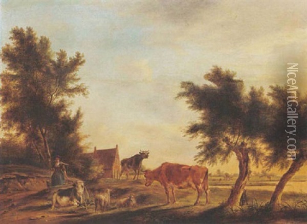 A Landscape With Cows And Sheep In A Meadow And A Milkmaid And A Farm Nearby Oil Painting - Johannes I Janson