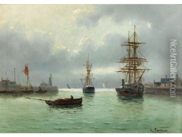 Hafenbecken Mit Anliegenden Grosen Segelschiffen Oil Painting - Charles Francois Pecrus
