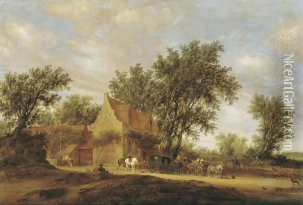Travellers Halting Before An Inn Oil Painting - Salomon van Ruysdael