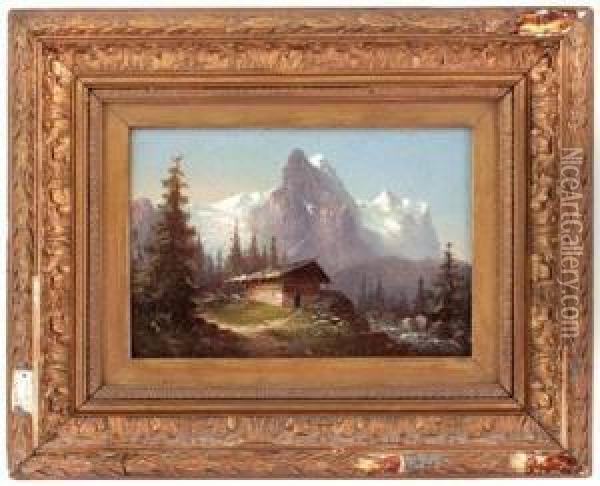 Almhutte Mit Wellhorn, Wetterhorn Und Rosenlauigletscher Oil Painting - Hubert Sattler