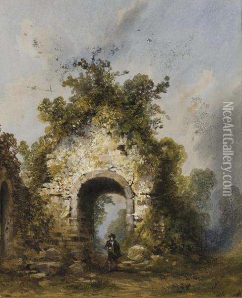 Une Eglise En Ruine Entouree De Vegetation, Un Homme Se Promenant Oil Painting - Hippolyte Gabriel Lebas