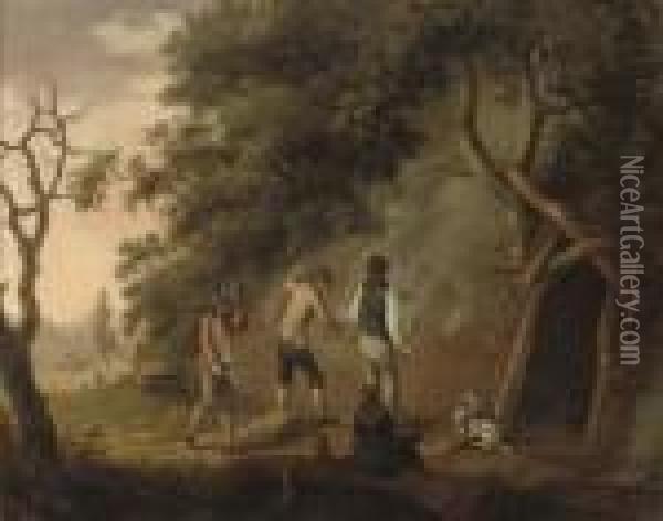 A Wooded Landscape With Figures In A Clearing Stoking A Kiln Oil Painting - George Morland