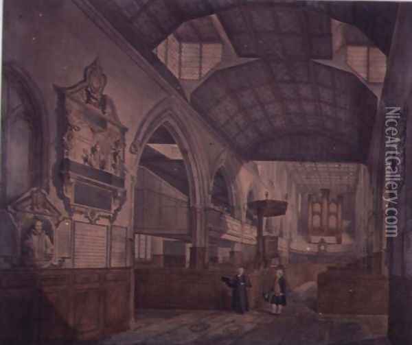 Interior View of the Church of St. Giles, Cripplegate, looking west, showing the Monument of Constance Whitney Oil Painting - John Carter