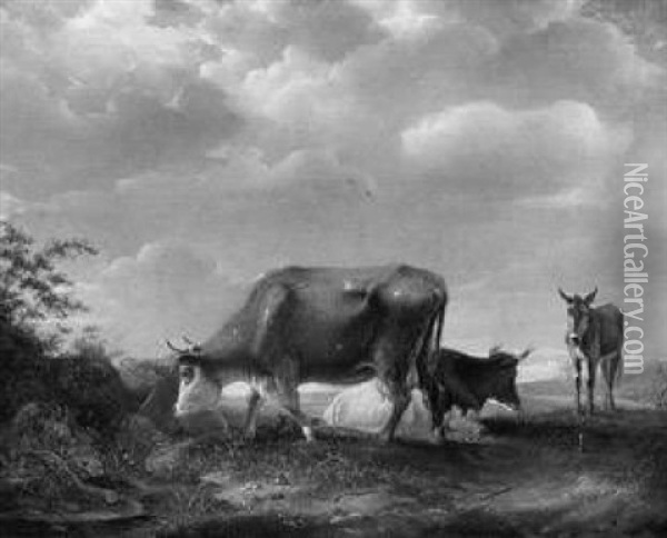 Weidelandschaft Mit Zwei Kuhen Und Einem Esel Oil Painting - Balthasar Paul Ommeganck
