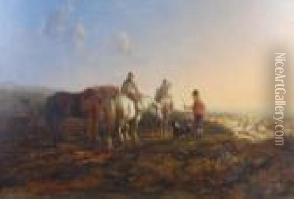 Moorland Landscape With Shepherd And His Flock Oil Painting - John Dearman Birchall