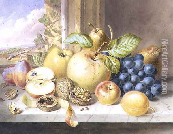 A Still Life of Apples, Grapes, Pears, Plums and Walnuts on a Window Ledge Oil Painting - Augusta Innes Withers