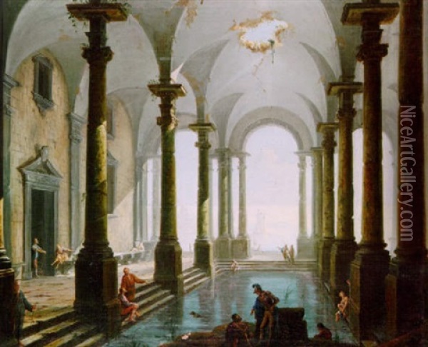 Figures Discoursing By A Bath In A Vaulted Interior Oil Painting - Antonio Joli