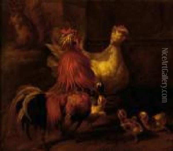 A Rooster, A Hen And Chickswith A Squirrel In The Background Oil Painting - Melchior de Hondecoeter