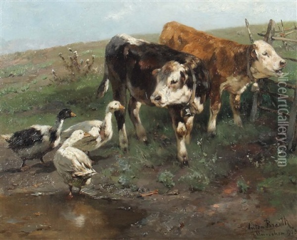 Zwei Jungbullen Und Drei Flugenten An Der Tranke Oil Painting - Anton Braith