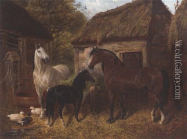 Horses And Ducks In A Farmyard Oil Painting - Benjamin Herring Jr.
