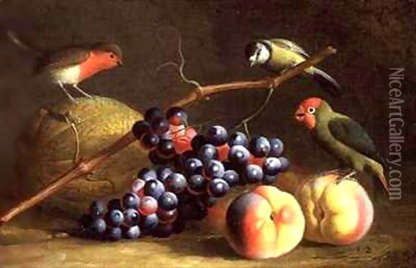 Three Birds with Peaches, Grapes and a Melon Oil Painting - Giovanni Boggi