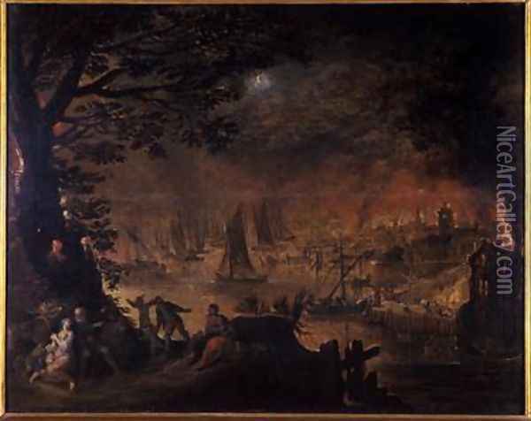 Burning town by the sea Oil Painting - Josse de Momper