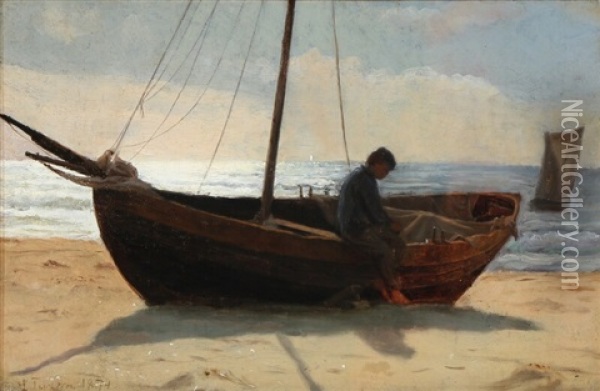 Fisher Boy In A Boat On The Beach Oil Painting - Laurits Regner Tuxen