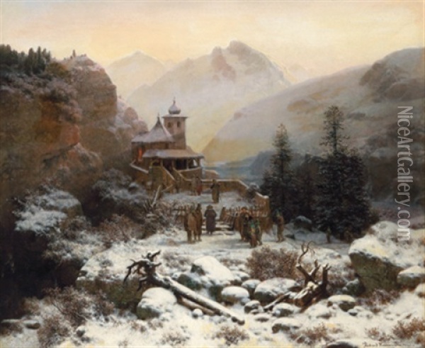 Winterlicher Kirchgang, Munchen Oil Painting - Richard Zimmermann