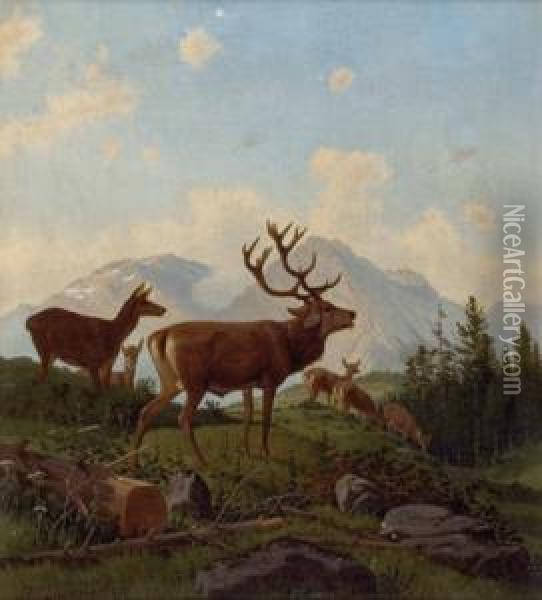 Hirsch Und Rehe Vor Bergkulisse Oil Painting - Josef Zurnich