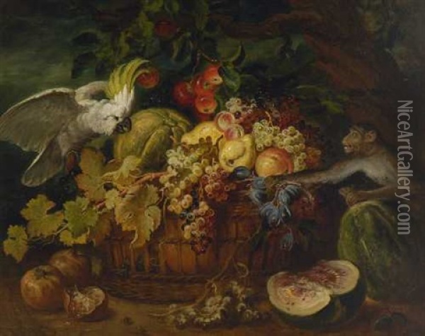 Fruchtestillleben Mit Kakadu Und Affchen Oil Painting - Ludwig Adam Kunz