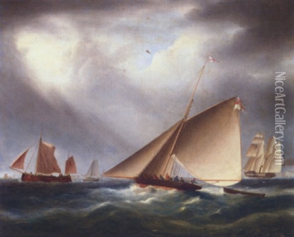 A Cutter, A Barge And A Paddle-steamer Off The Coast Oil Painting - James Edward Buttersworth