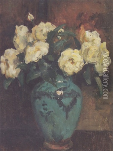 Flowers In A Blue Vase Oil Painting - Jules Eugene Pages