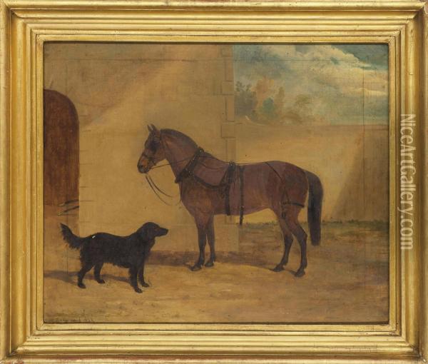 A Saddled Chestnut Hunter And Black Dog In Courtyard Oil Painting - David of York Dalby