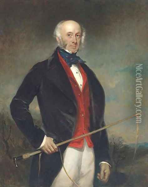 Portrait of Sir Charles Morgan Robinson Morgan, 1st Baron Tredegar, three-quarter-length, in a black coat and red waistcoat, holding a riding crop Oil Painting - Richard Buckner