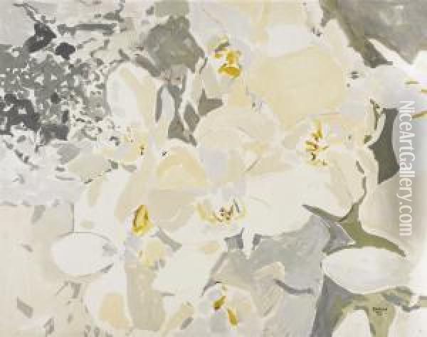 Untitled (large White Flowers On Gray-green Background), 1973 Oil Painting - Edward Aubrey Hunt
