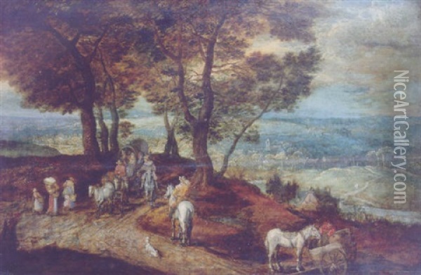 Travellers With Horses And Wagons On A Country Road In A Mountainous Landscape Oil Painting - Jan Brueghel the Elder