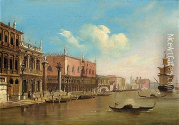 Vista Sulla Riva Degli Schiavoni Con Il Palazzo Ducale A Venezia Oil Painting - Carlo Grubacs