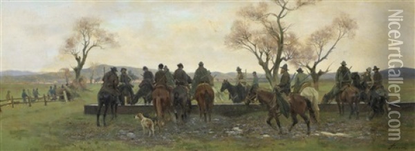Sosta Dei Cacciatori Per Far Abbeverare I Cavalli Oil Painting - Eugenio Cecconi
