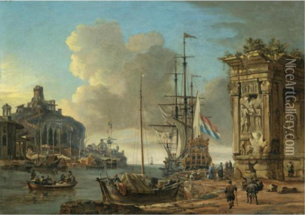 A Mediterranean Harbour Scene 
With A Dutch Man O' War At Anchor, With Orientals Conversing In The 
Foreground Beneath A Roman Triumphal Arch Oil Painting - Abraham Storck