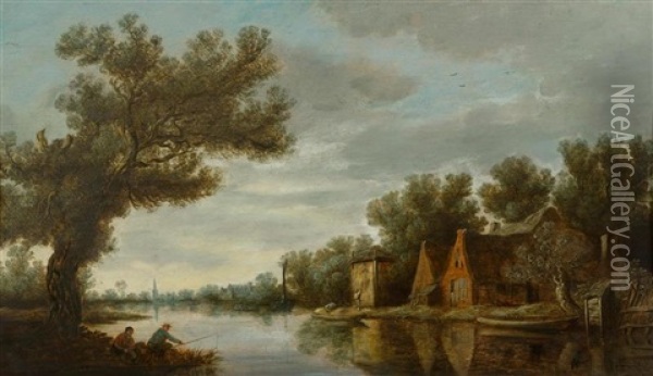 Dorfhauser Mit Heustock Und Anglern An Einem Fluss Oil Painting - Pieter de Neyn