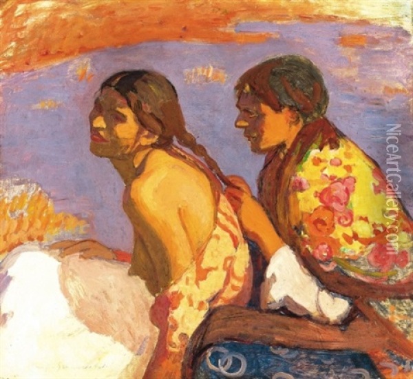 Lanyok A Vizparton (girls By The Waterside) Oil Painting - Bela Ivanyi Gruenwald