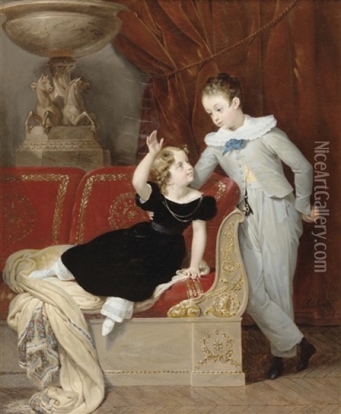 Portrait De Deux Enfants Dans Un Interieur De Style Empire Oil Painting - Merry-Joseph Blondel