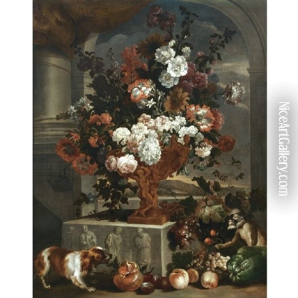 Still Life With A Large Bouquet Of Flowers In A Sculpted Bronze Urn Resting On A Carved Stone Base, Together With A Spaniel, A Monkey And Various Fruits Oil Painting - Pieter Casteels III