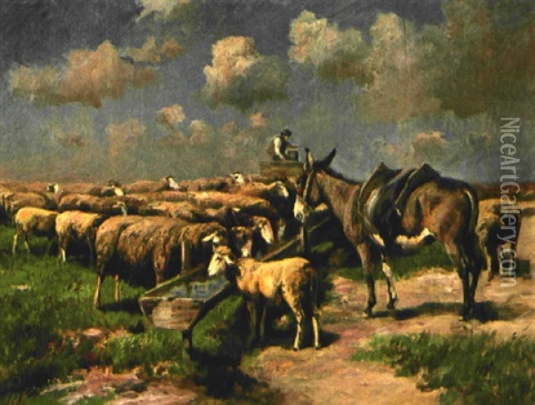 Esel Und Schafherde An Der Tranke Oil Painting - Johann Daniel Holz