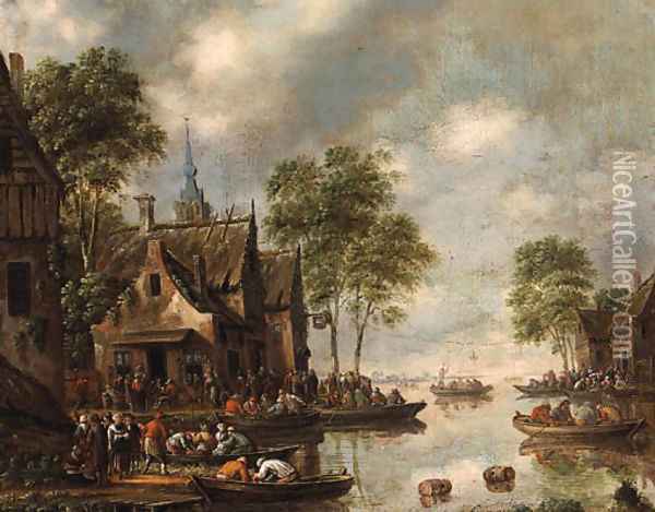 Figures before the Swan Inn on the Banks of a River Oil Painting - Thomas Heeremans