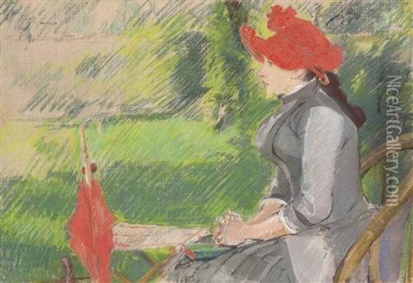 La Lecture Au Jardin (femme Au Chapeau Rouge) Oil Painting - Eva Gonzales