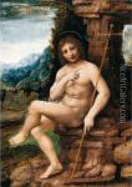 Saint John The Baptist In A Landscape Oil Painting - Leonardo Da Vinci