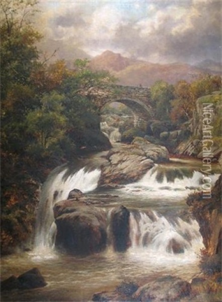 Cyffing Bridge And Falls Near Capel Curig Oil Painting - William Henry Mander