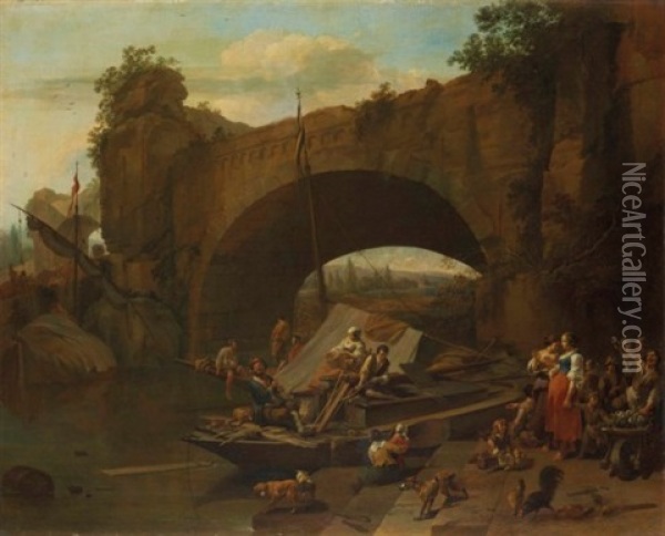 Figures Under A Bridge In An Italianate River Landscape Oil Painting - Nicolaes Petersz Berchem