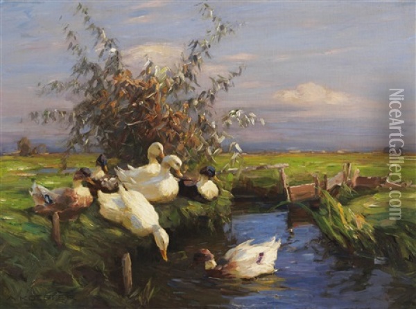 Sieben Enten Am Graben Oil Painting - Alexander Max Koester
