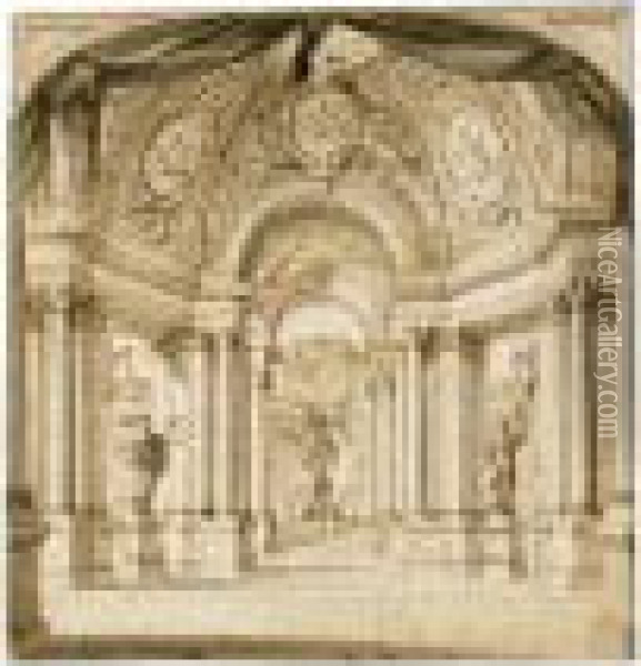 A Set Design Showing The Colonnades Of A Temple Oil Painting - Filippo Juvarra