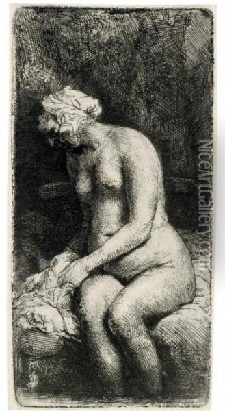 A Woman Bathing Her Feet At A Brook Oil Painting - Rembrandt Van Rijn
