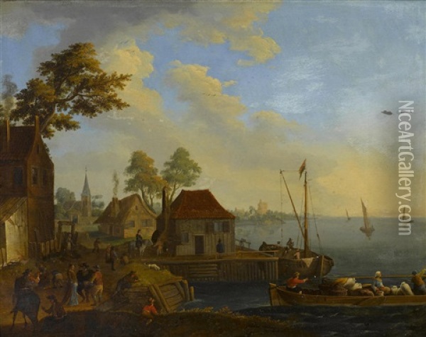 View Of A Bustling Fishing Town 11 1/8 X 14 1/4in (28.3 X 36.5cm) Oil Painting - Joseph van Bredael