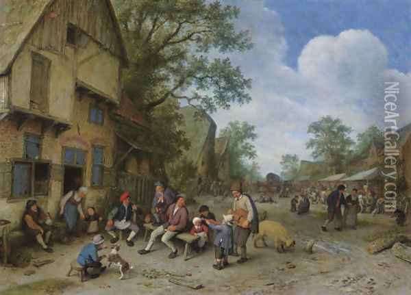 A village street with a hurdy-gurdy player and a violinist playing outside a tavern Oil Painting - Adriaen Jansz. Van Ostade