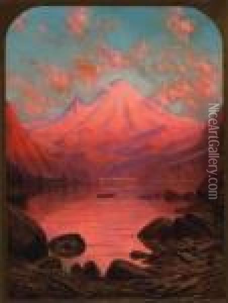 Title: Sunset Glow, Mt. Tacoma From Lake Cle Elum, Wa Oil Painting - James Everett Stuart