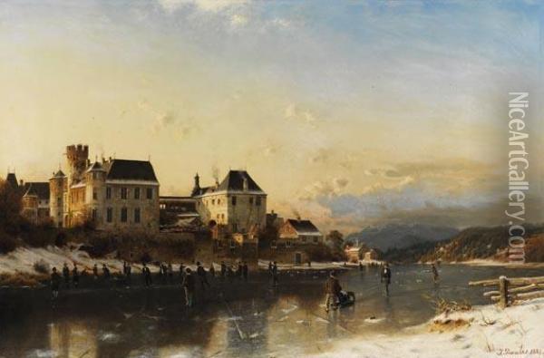 Flusslandschaft Mit Winterfreuden Am Schlos Oil Painting - Johannes-Bertholomaus Dutntze