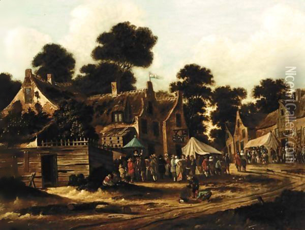 A Village Kermesse Outside An Inn Oil Painting - Thomas Heeremans