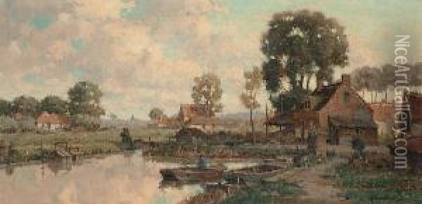A Dutch Village At Sunset, A Figure On A Boat In The Foreground Oil Painting - Gerardus Johannes Delfgaauw